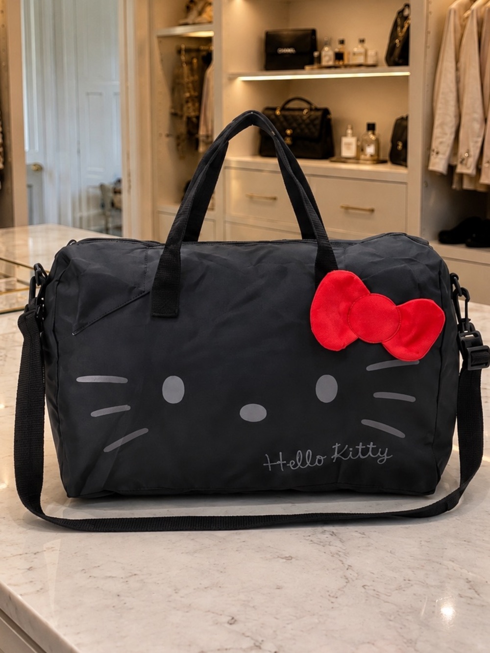 Hello Kitty Black & Red Large Duffel Travel Bag Adjustable Strap NWT